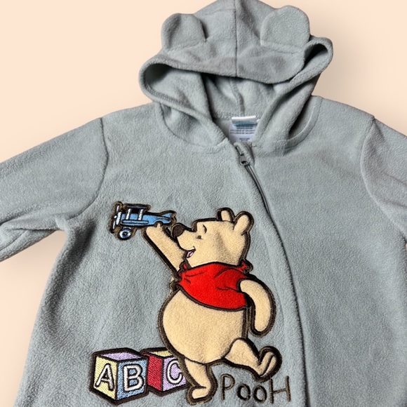 Disney Baby Winnie The Pooh Blocks And Airplane Grey Fleece Zip Up Footie w/Hood - Picture 4 of 7
